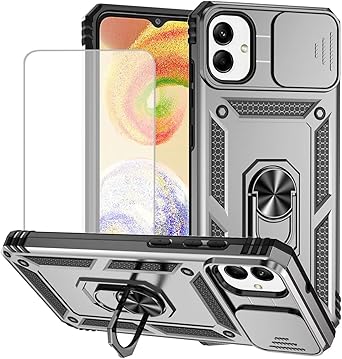 for Galaxy A05 Case, Samsung A05 SM-A055F Case with Tempered Glass Screen Protector and Slide Camera Cover, Magnetic Ring Car Mount Holder Protective Cover for Samsung Galaxy A05 Silver