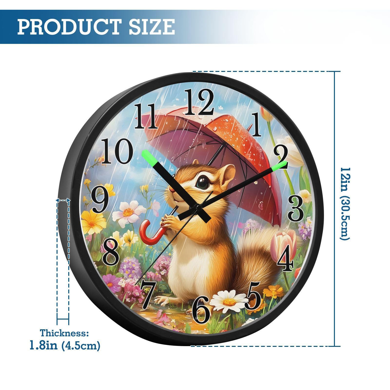 Mnsruu Reloj de pared luminoso con diseño de paraguas y flores, reloj de pared que brilla en la oscuridad, funciona con pilas, silencioso, sin tictac, luz nocturna para dormitorio