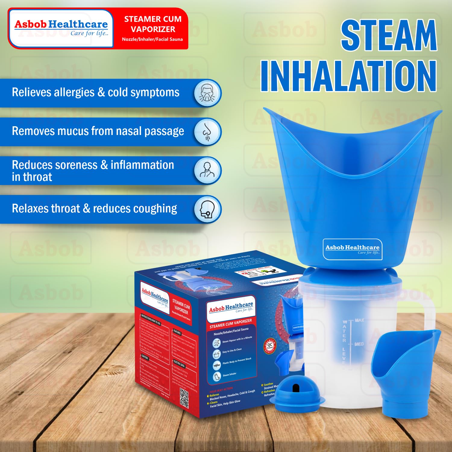 Asbob 3 in 1 steamer for cold and cough, vaporizer steamer for cough, cold and facial, steam inhaler for adult and wagon - blue Asbob 3 in 1 steamer for cold and cough, vaporizer steamer for cough, cold and facial, steam inhaler for adult and wagon - blue