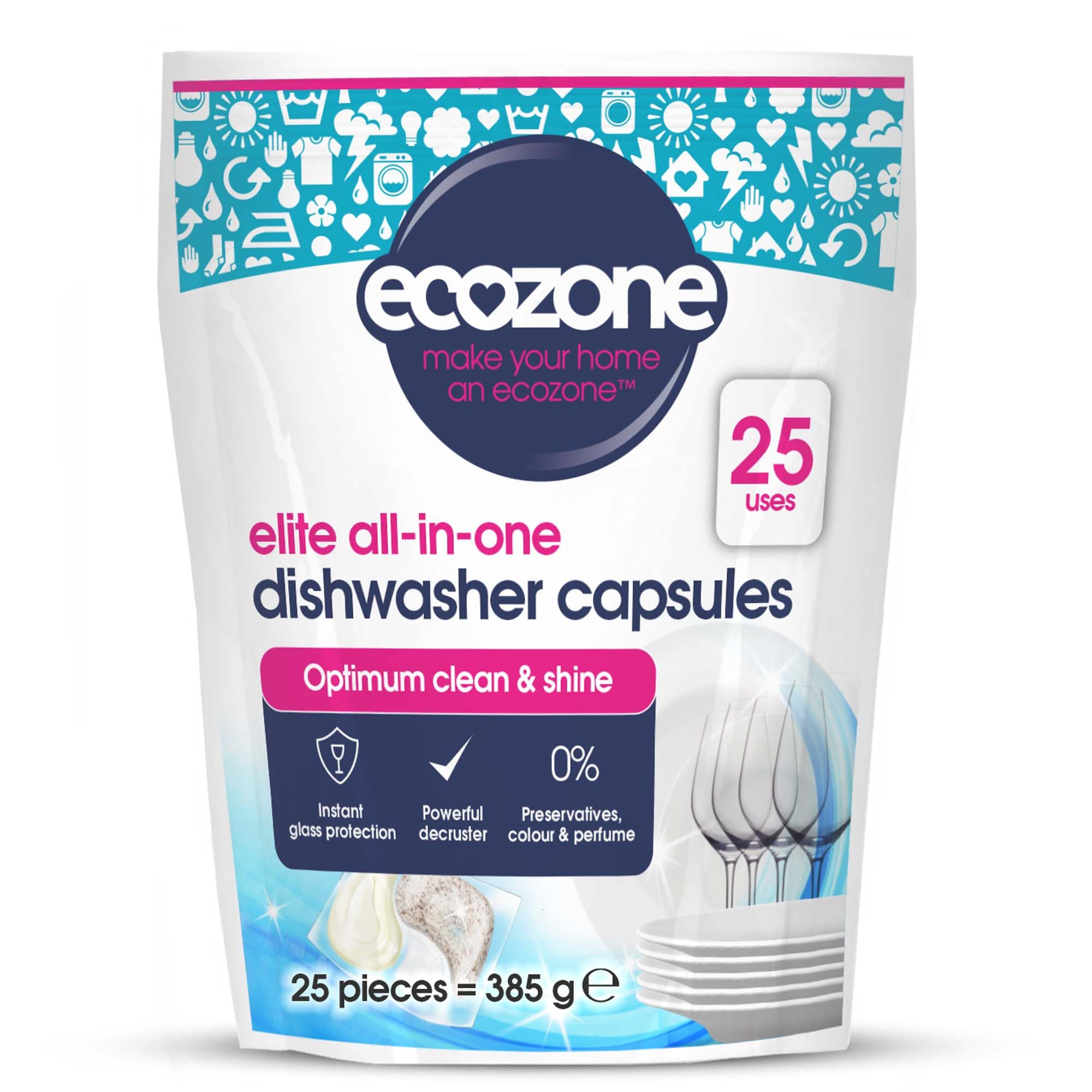 Ecozone Optimum All In One Dishwasher Capsules x 25, Dishwashing Tablets with Salt, Rinse Aid & Extra Dry Effect, Powerful Degreaser & Dish Washer Tabs, Eco Conscious & Gentle on Appliances