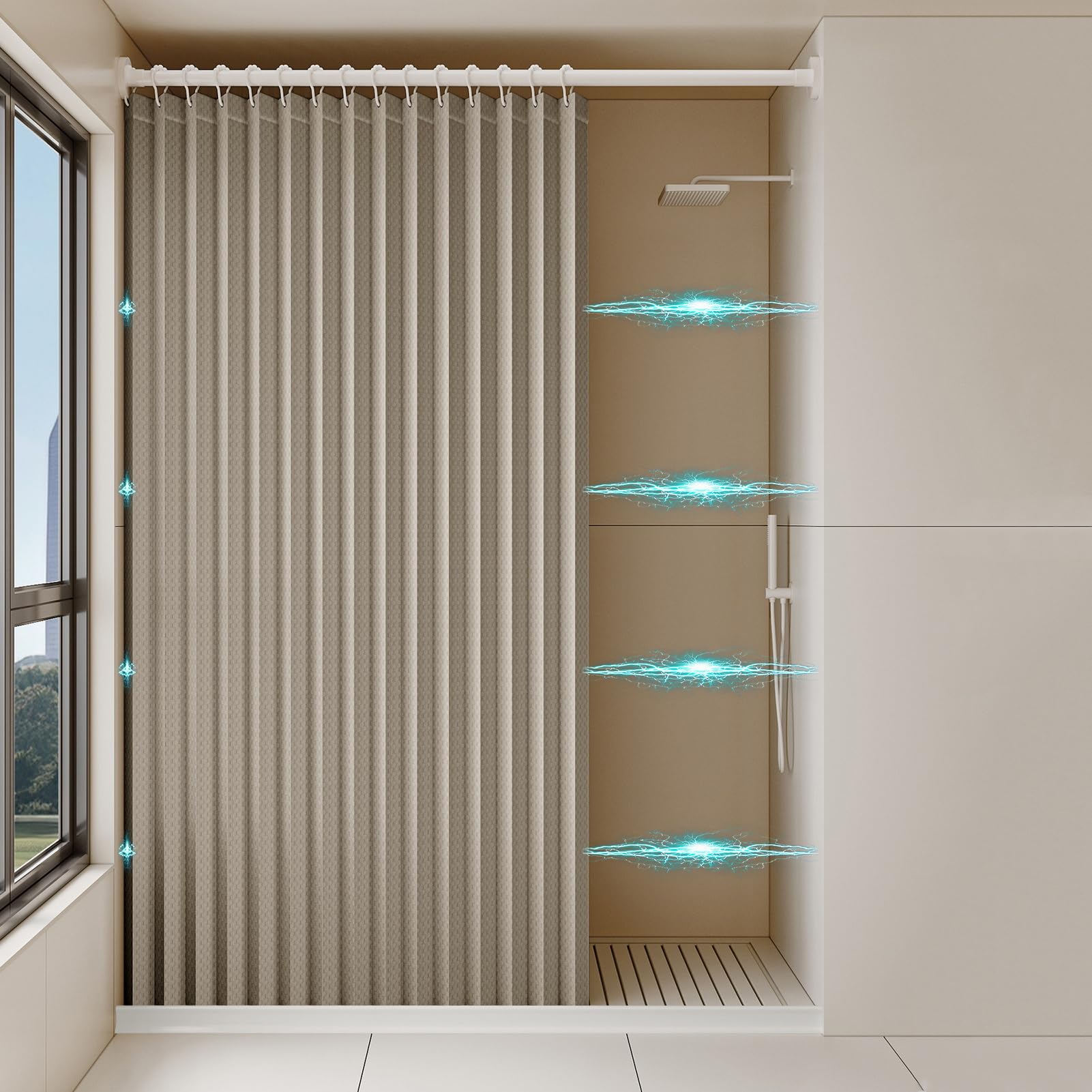Tenda da doccia impermeabile, antimuffa, pieghevole, design a fisarmonica, chiusura magnetica, color cachi, 200 x 180 cm, 220 g/m², motivi eleganti per la decorazione del bagno