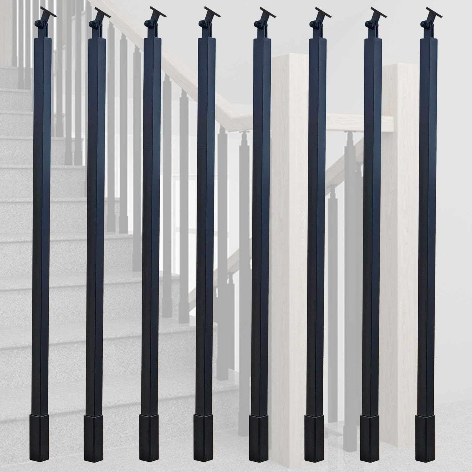 WLCGYD 30 36 42 48 51'' Metal Baluster Spindles, Interior Staircase Decks Banister Install Kit/Square Railing Post w/Bracket for Wooded Stairway Composite Steps(Black 8 pcs,42in/106.7cm)