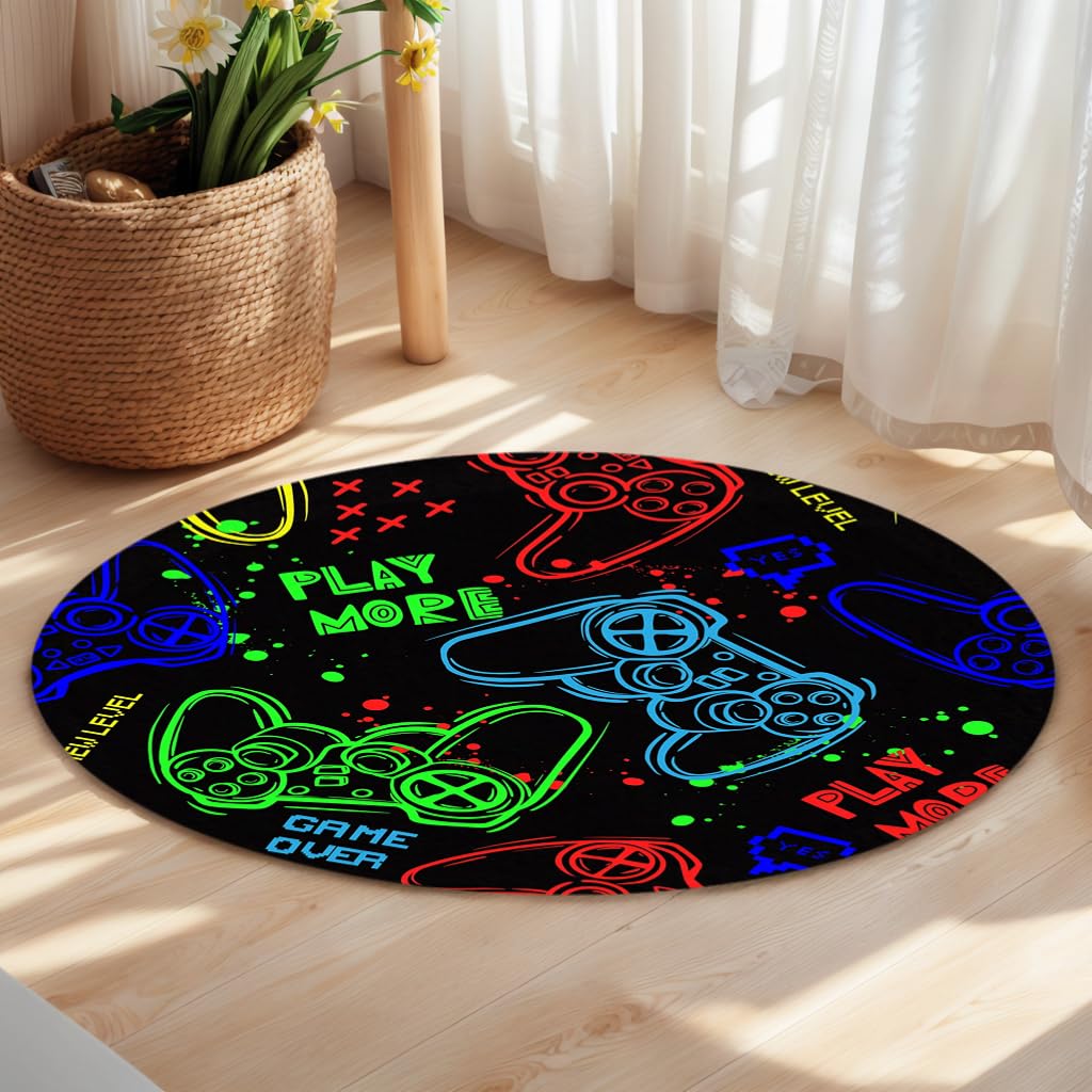 goodbath Round Gaming Rug 120cm, Non-slip Microfiber Gamer Circle Area Rugs for Bedroom Living Room Study Room Bedside Nursery Floor Mat Carpet Home Décor,4 Feet