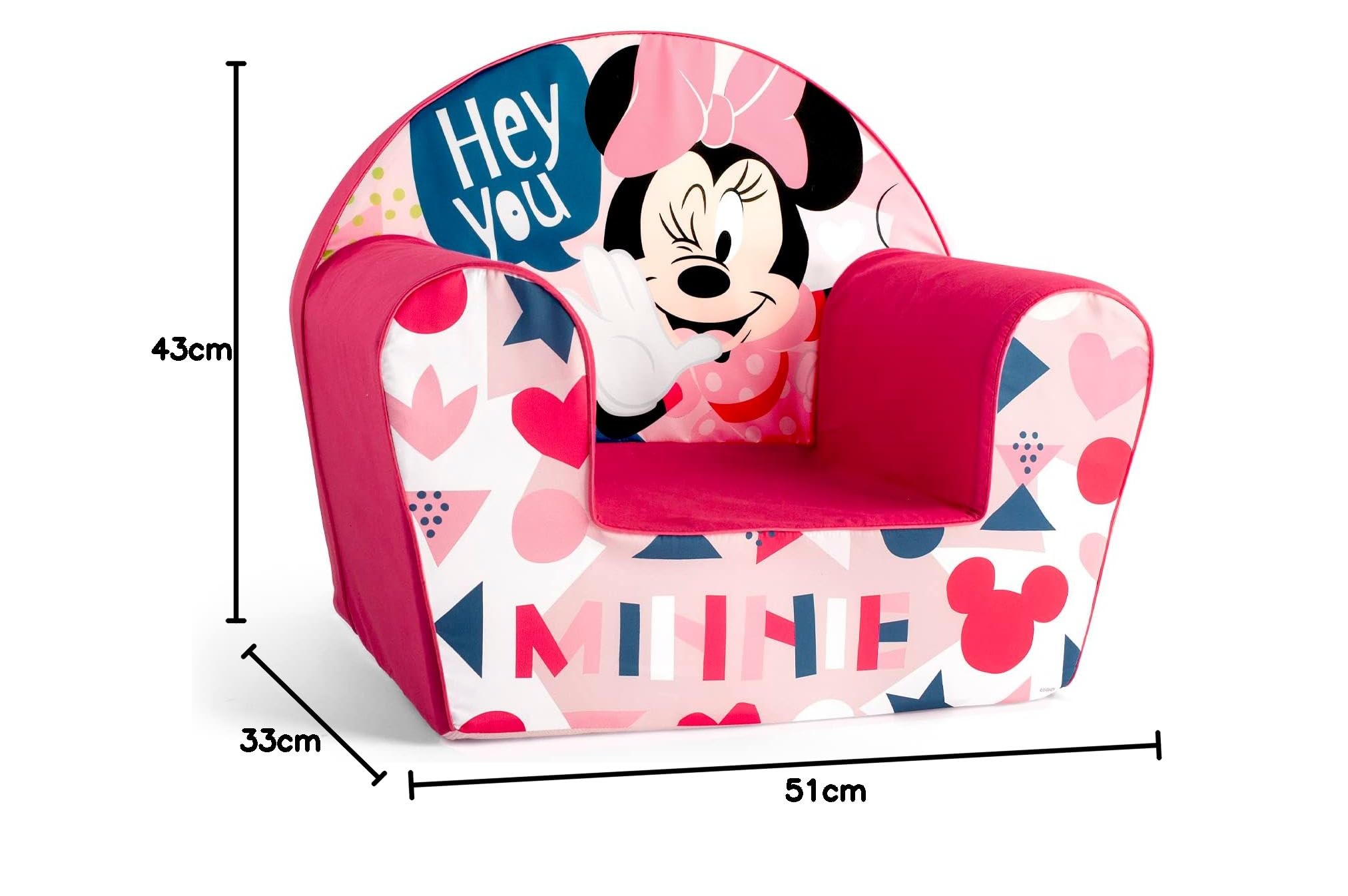 Lulabi Poltroncina Minnie Icon per Bambini – Rosa, Decorata, in Cotone e Spugna – Morbida e Confortevole, Dimensioni 51x33xH43 cm
