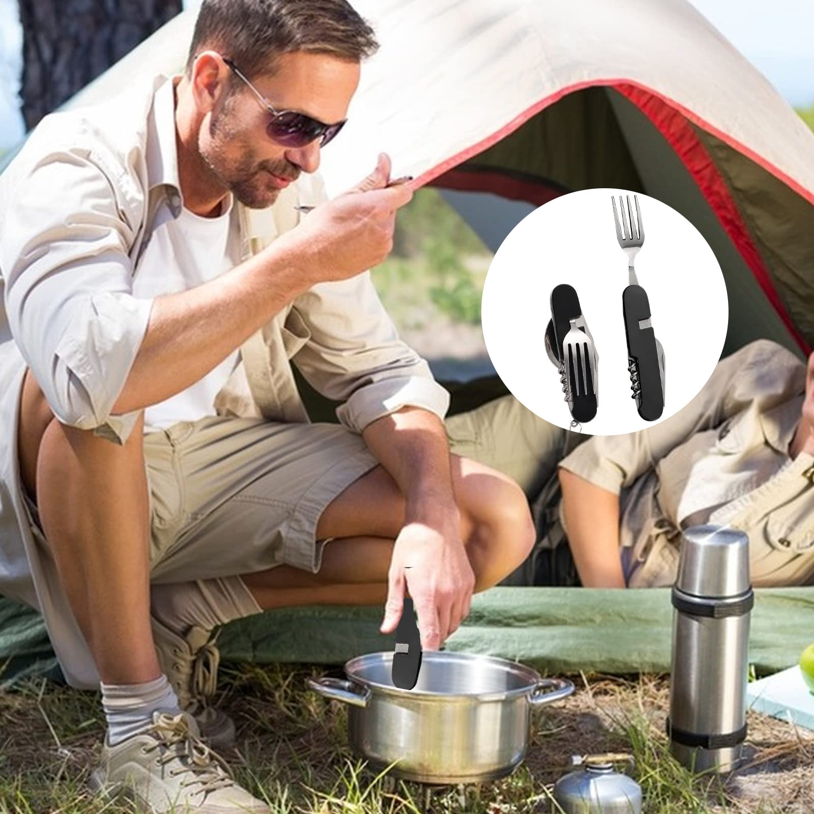 Set di 2 posate 6 in 1 per campeggio, posate pieghevoli in acciaio inox, stoviglie da campeggio, multifunzionali, portatili, per viaggi, esterni, pic-nic, sopravvivenza (nero)