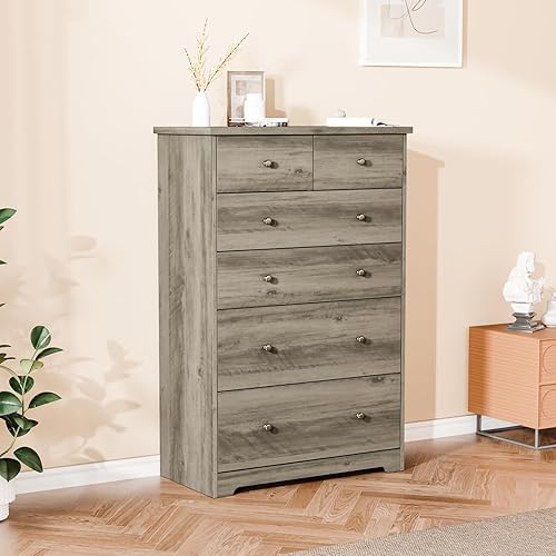 VINGLI Tall Dresser, Rustic Grey Dresser 6 Drawer Chest of