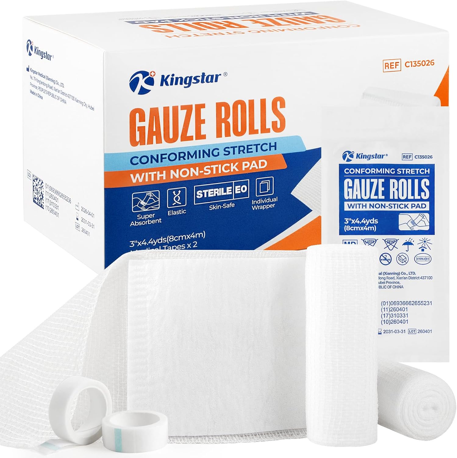 Kingstar Sterile Gauze Rolls 4in x 4.4yds with Non-Stick Pad