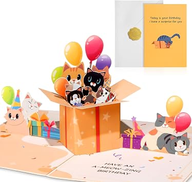Pop Up Birthday Card with Envelope - 3D Cat Themed Pop Up Funny Birthday Card, Surprise Gifts for Kids Girl Boy Daughter Son Sister Grandson Cat Lover Women Friend, Have an A-Meow-Zing Day