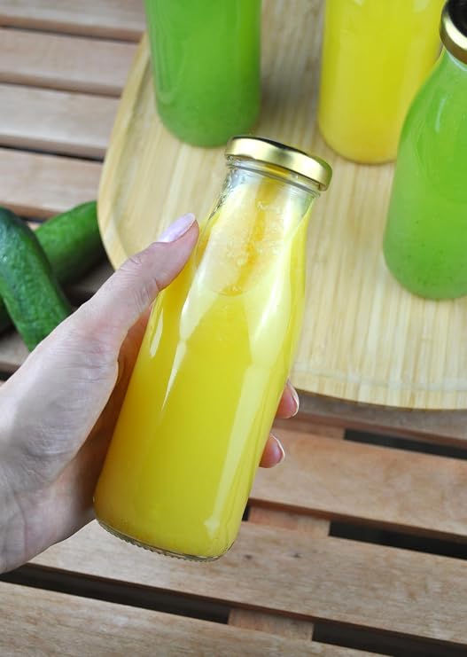 5 Adet Cam Şişe Meyve Suyu Ayran Detoks Şişesi 250 ml Gold Metal Kapaklı Şişe