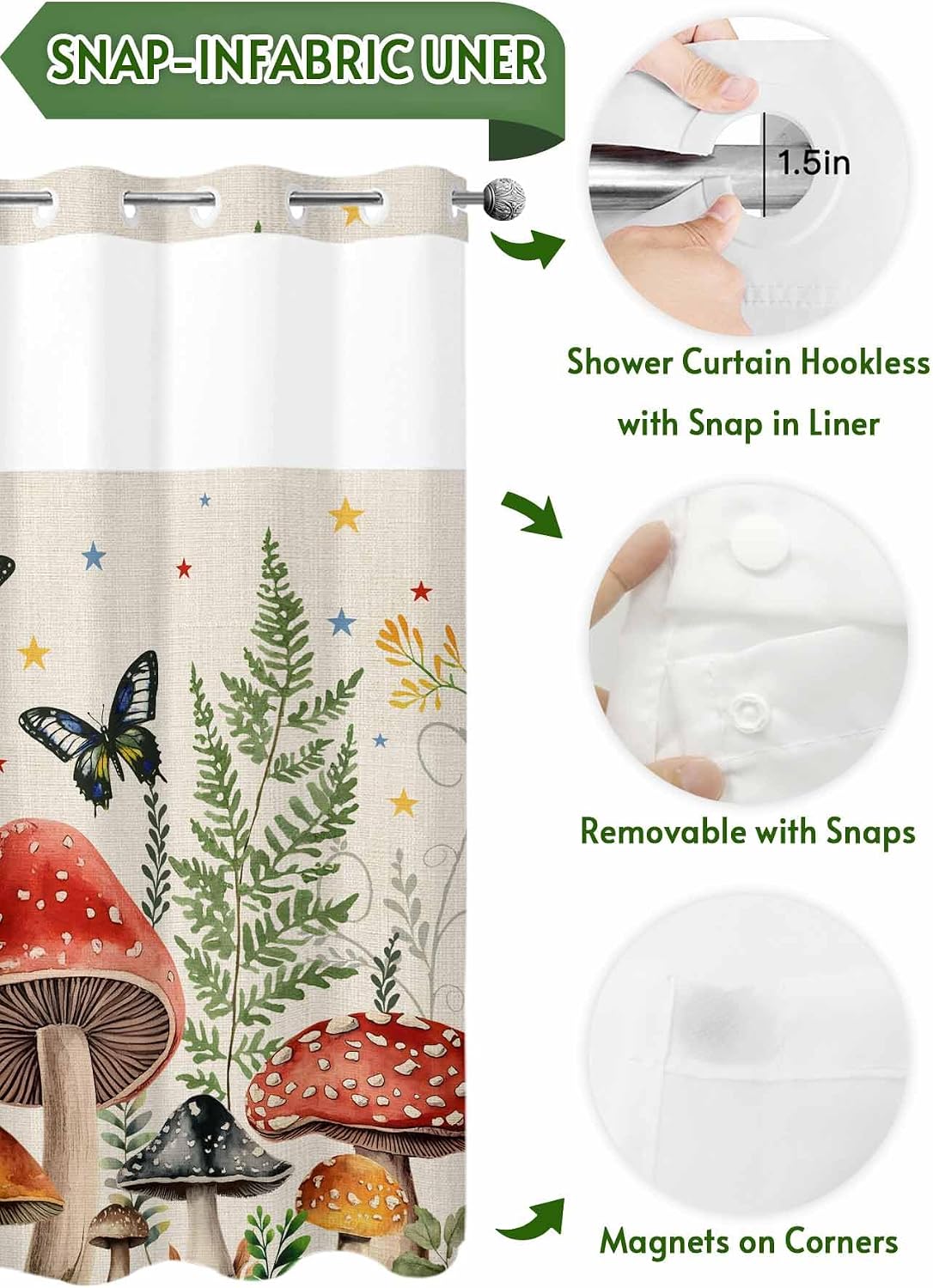 Teamery No Hook Shower Curtain Pastoral Mushroom Butterfly Curtain Liner Set See-Through Top Double Layers Fabric Shower Curtains for Bathroom Decor 54x78in