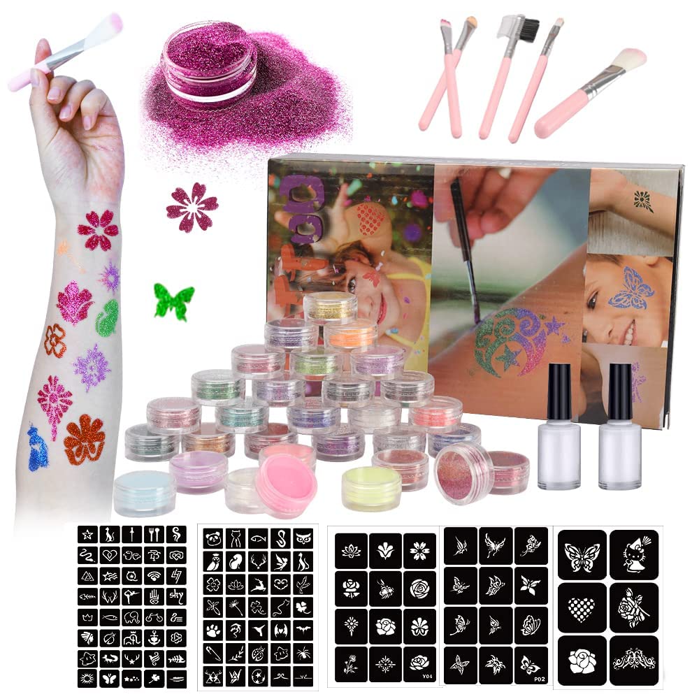 TERRIFI 30 Colors Temporary Glitter Tattoo Kit Waterproof Body Glitter Tattoos Perfect Gifts for Kids Boys Girls Festival Party - 24 Glitter Powder 6 Glow Powder 105 Unique Stencils 5 Brushes 2 Glue