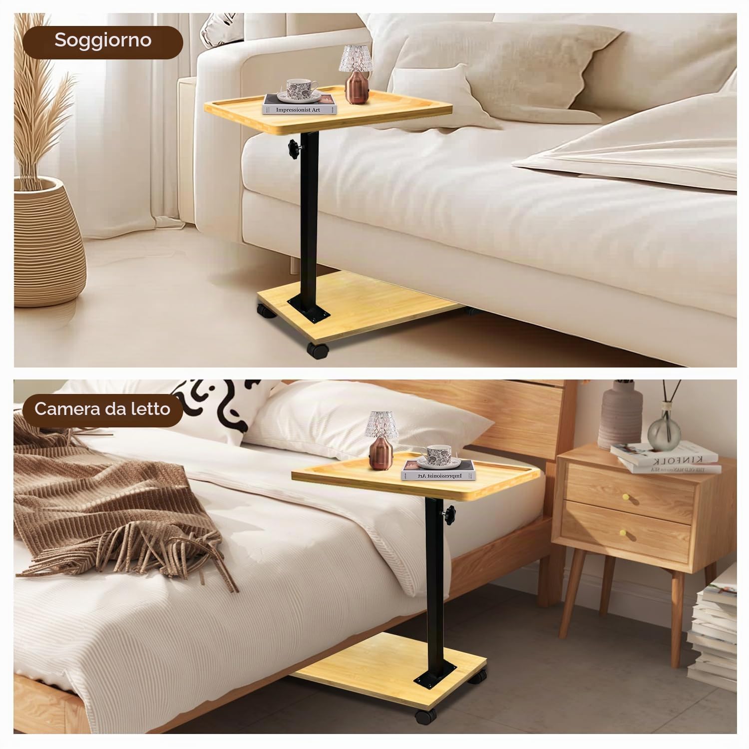 Tavolino Laterale Forma C in Bambù e Metallo Moderno Altezza Regolabile con Rotelle - per Letto, Divano, Comodino - Soggiorno, Camera da Letto, Bagno