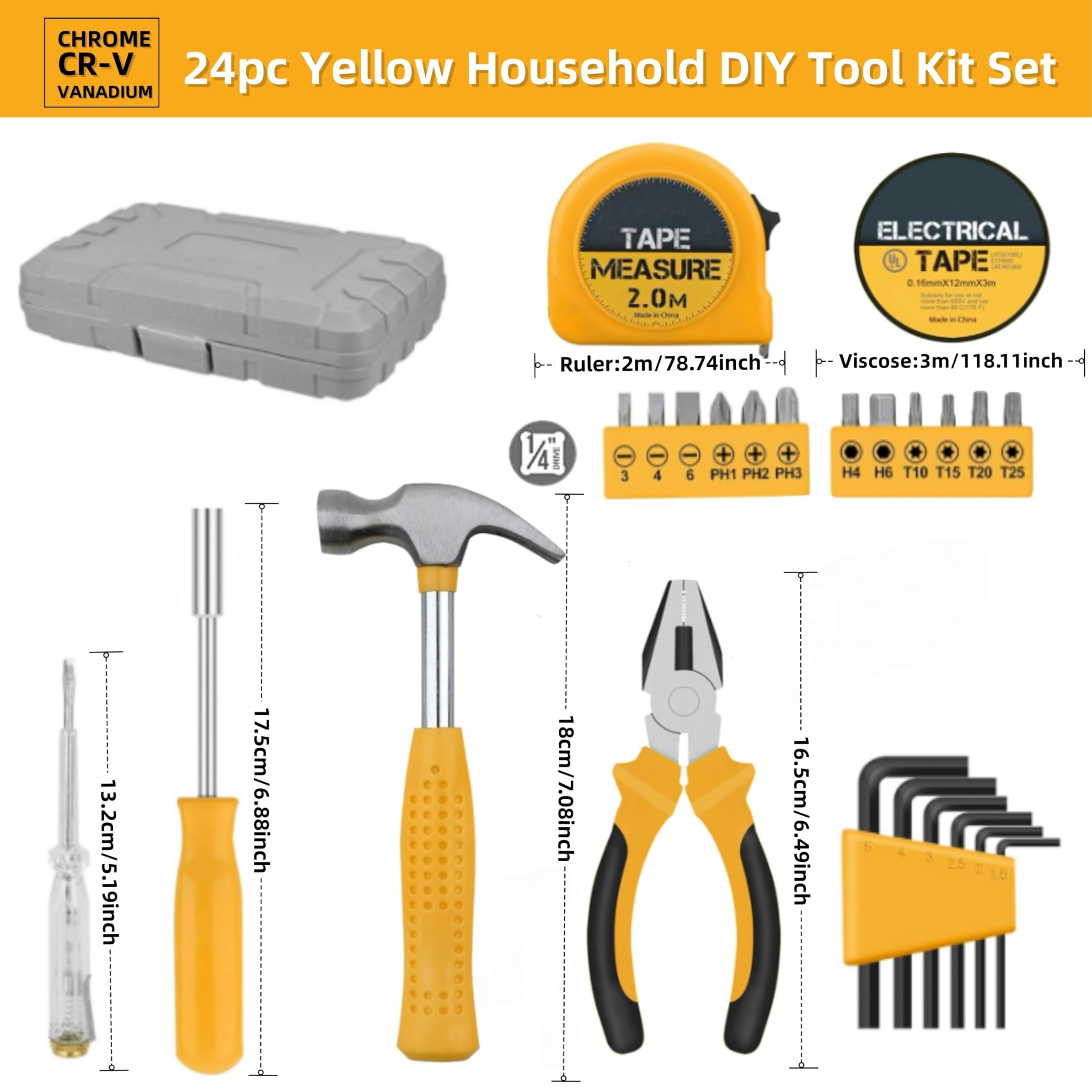 Home Tool Kit 24PCs, Yellow Home DIY Repair Tool Kit Set, with Storage Toolbox, Small Kits - Image 3