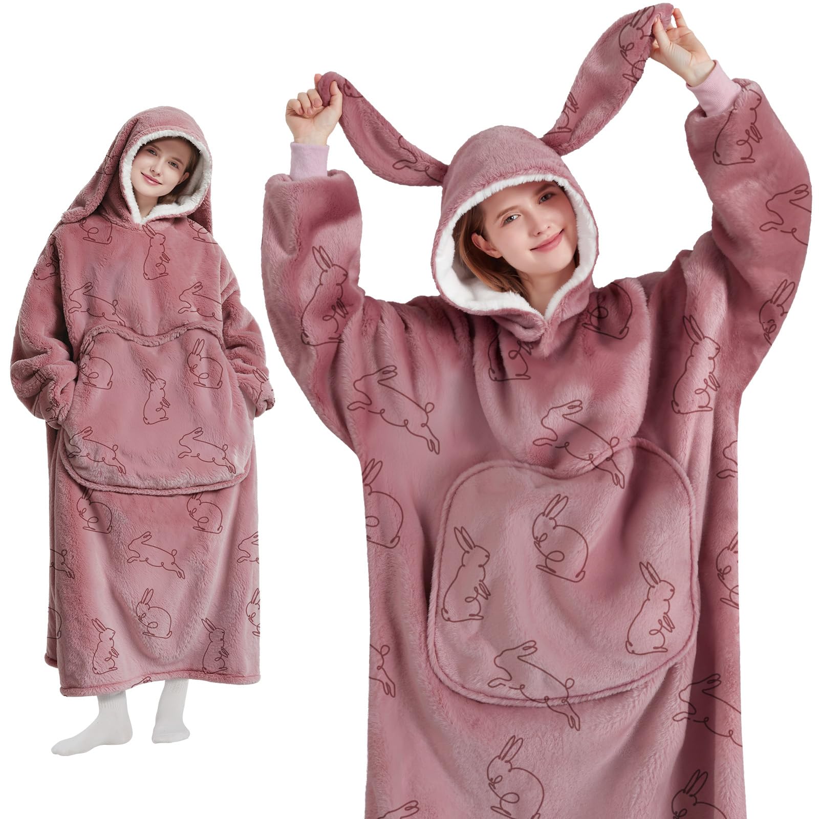 Mewaii Wearable Blanket Hoodie for Adults Cozy Bunny Ear Sherpa & Flannel Hooded Blanket with Giant Pocket