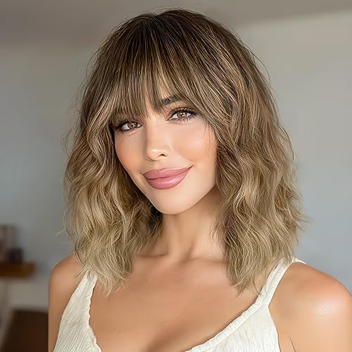 Miniatura 42 de Nnzes Melena ondulada corta con flequillo para mujer, longitud hasta el hombro, estilo Bob rizado, pelucas sintéticas encantadoras con cabello negro