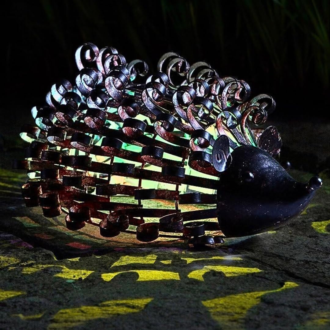 Garden Mile Bronze Effect Outdoor Solar Lights Hedgehog Ornament - 36Cm Colour Changing Waterproof Hedgehog Led Animal Decoration - Solar Garden Ornament For Novelty Decor, Outdoor Lighting, Flowerbed & Patio Light
