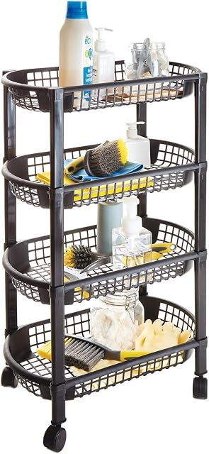 Burwells 4 Tier Kitchen Storage Cart Trolley on Wheels - Baskets for Fruit Vegetable Crisp Beauty Craft Cleaning Rack Black Plastic