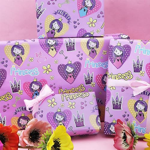 Miniatura 5 de Geluode Papel de regalo de cumpleaños de princesa para niñas y bebés, bonito diseño de castillo de princesa rosa, papel de regalo para cumpleaños,
