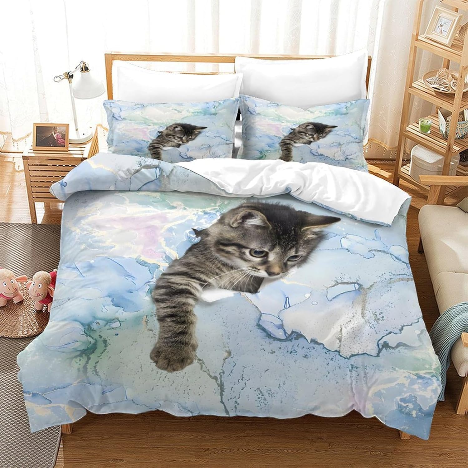 Housse de couette parure de lit chat 3D microfibres confortable 260x230cm