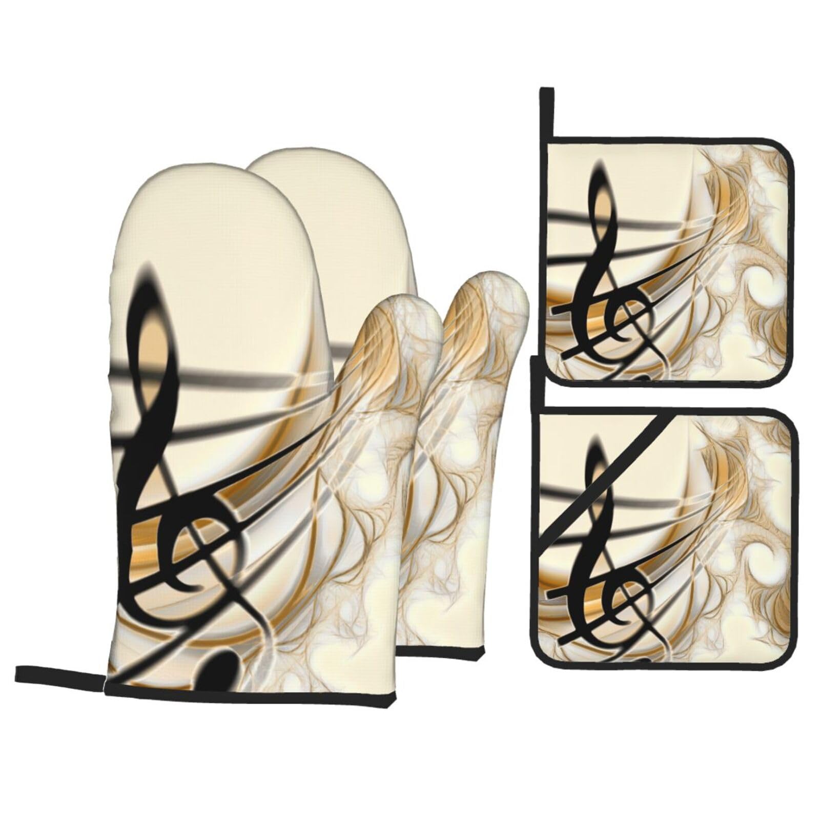 Music Note Print 4-Piece Heat-Resistant Oven Waterproof Kitchen Gloves Cooking Roasting Essential