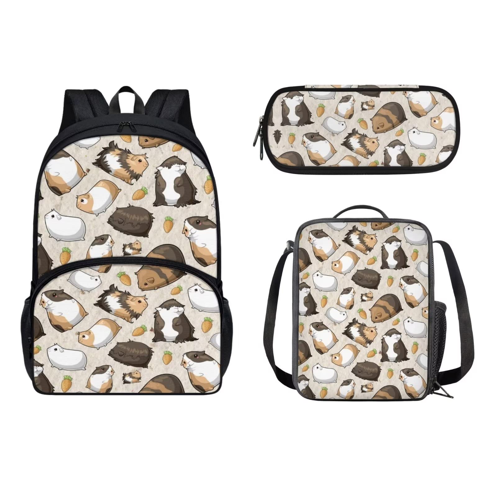POLERO Mochila escolar de caballos para niños, juego de bolsas de almuerzo, estuche para lápices, 3 piezas, bolsas escolares, Cobayas, Talla única, Mochila infantil