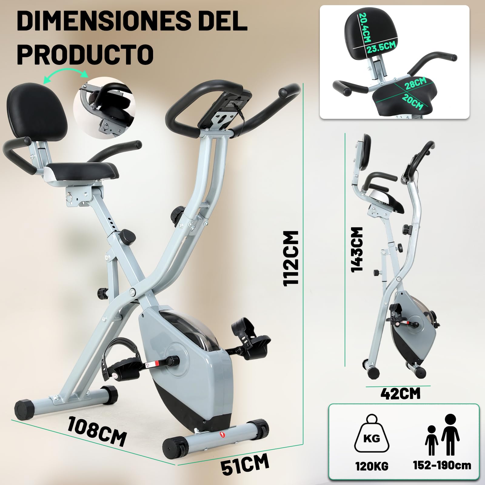 ISE Bicicleta estática plegable con respaldo acolchado, asiento ajustable,pedaleo silencioso, Bici Estatica Plegable con 8 niveles de resistencia,Exercise Bike con LCD pantalla, Bluetooth y APP