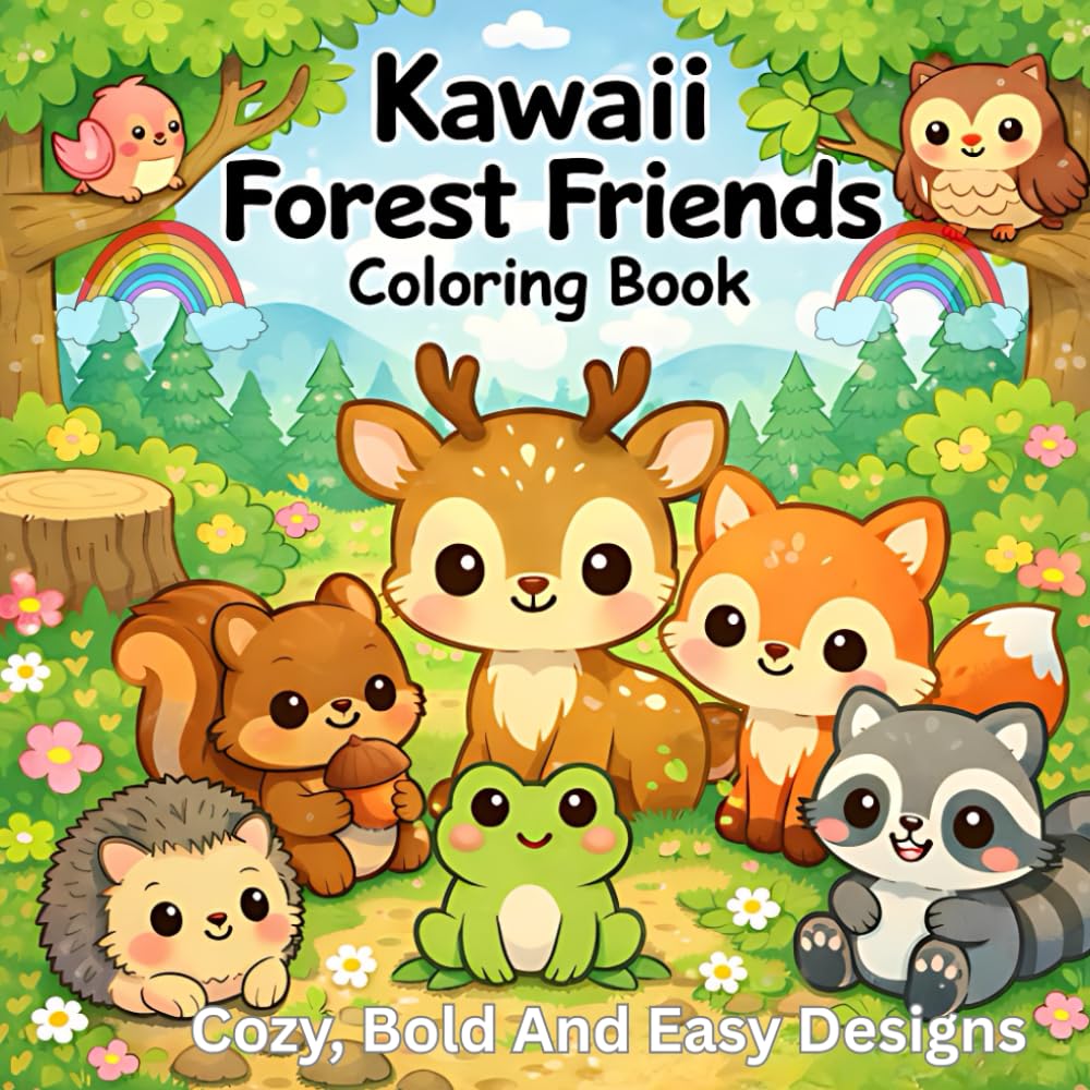 Kawaii Forest Friends Coloring Book: Bold & Cozy 2-13Years: Cute and Cozy Woodland Animals Coloring Book for Kids | Bold Easy Designs for Mindful Creativity