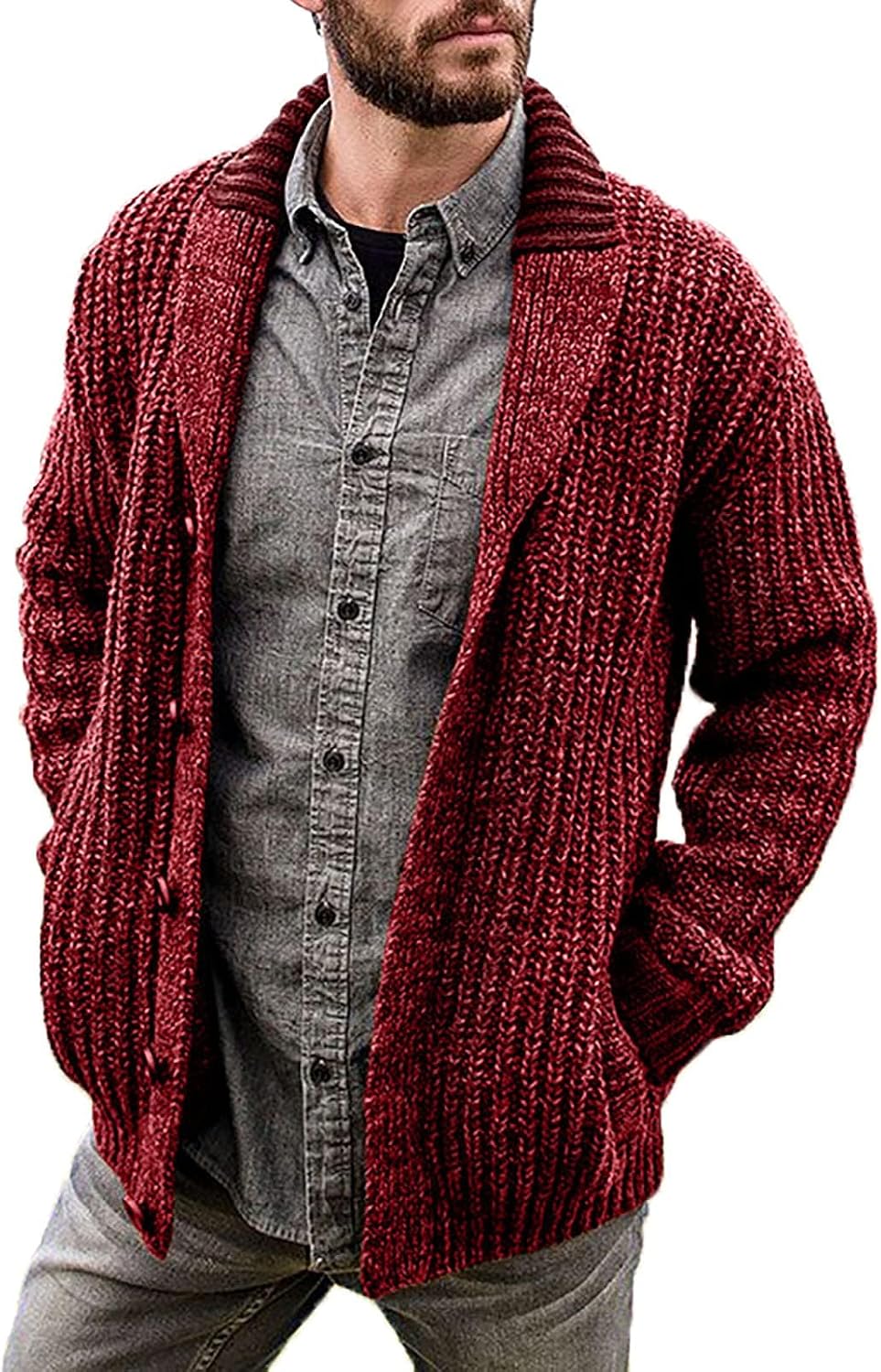 Bengbobar Men's Oversized Cardigan Sweater Shawl Collar Button Chunky Cardigan Sweater Winter Sweater Jacket Men with Pockets