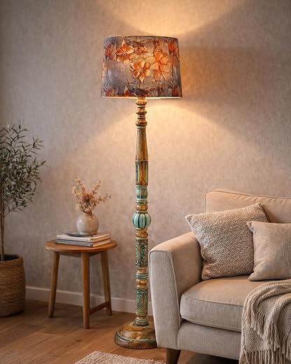 Homesake® Royal Carving Antique Algae Finish Wooden Floor Lamp for Living Room | Light Decoration for Home Corner Lamp for...