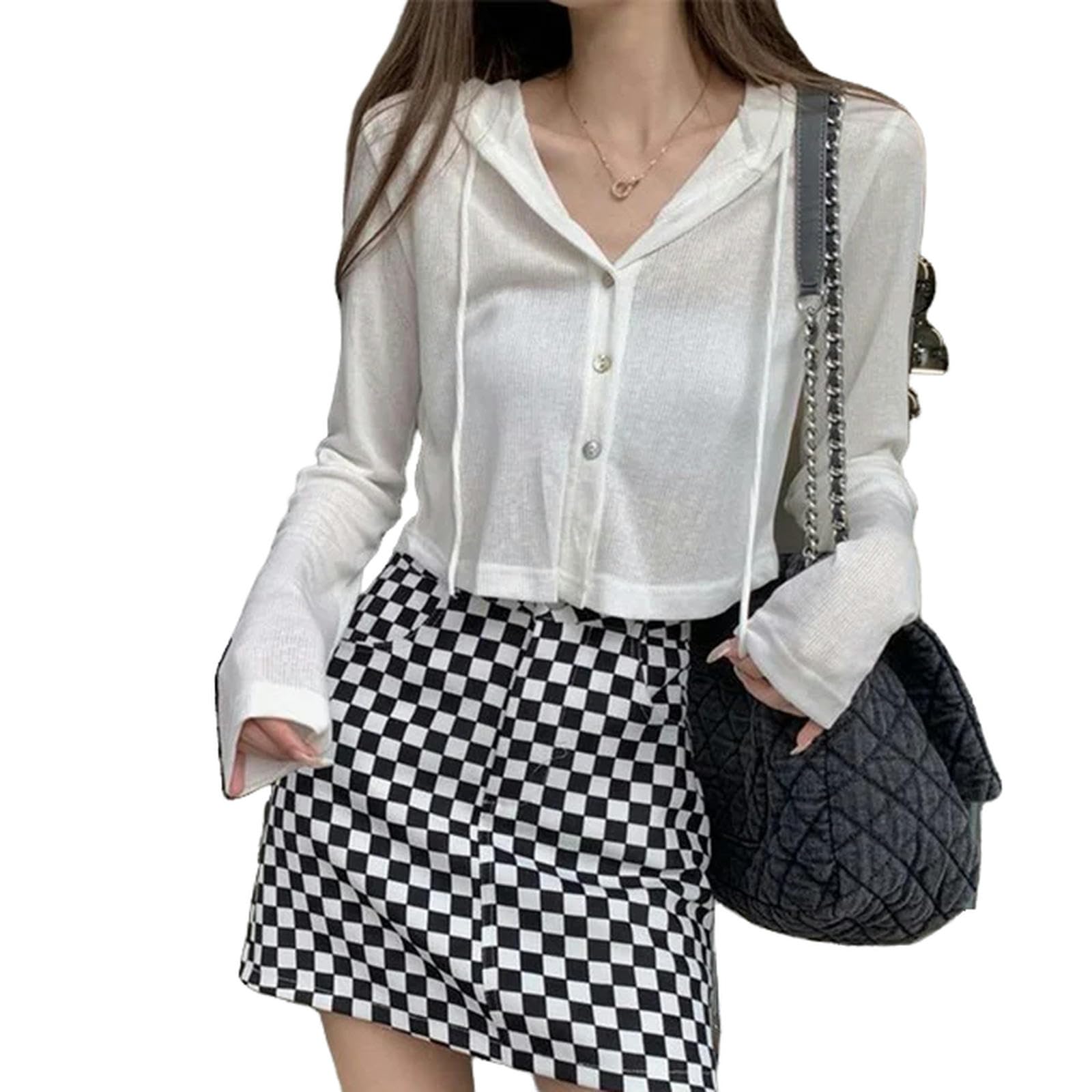 Top Mujer Sudaderas De Punto con Capucha De Punto De Verano Sudaderas Callejeras Femeninas con Una Sola De Blusas De Punto De Manga Femenina-Blanco-s