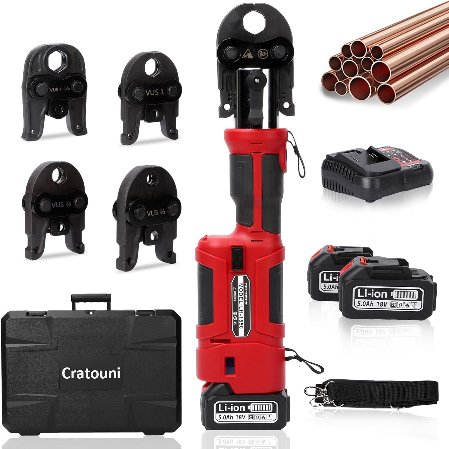 Pro Press Tool,18V Electric Pipe Crimping Tool with 4 Pro Press Jaws 1/2” 3/4“ 1” 1-1/4” US Standard for Copper, 2PCS 4AH Battery, Fast Charger & Carrying Case