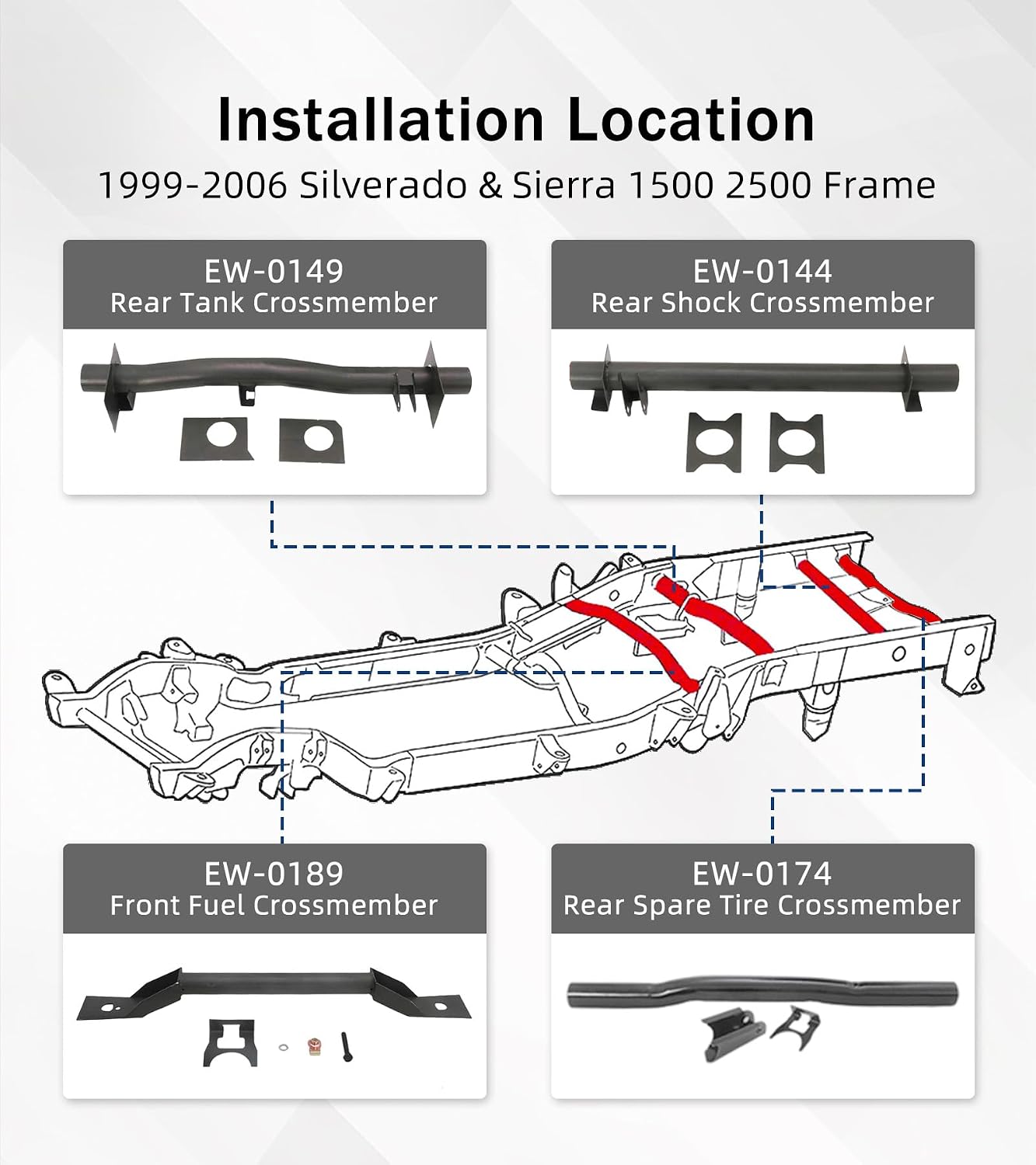 ELITEWILL 4 Pcs Front and Rear Fuel Tank Support Crossmember, Shock Mount Crossmember, Spare Tire Crossmember Fit For 1999-2006 Chevy Silverado GMC Sierra 1500 2500 Frame Repair Cross Member Kit