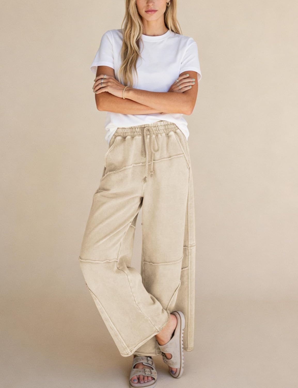 Athlisan Womens Casual Wide Leg Sweatpants High Waist Acid Wash Palazzo Pants with Pockets - Image 4