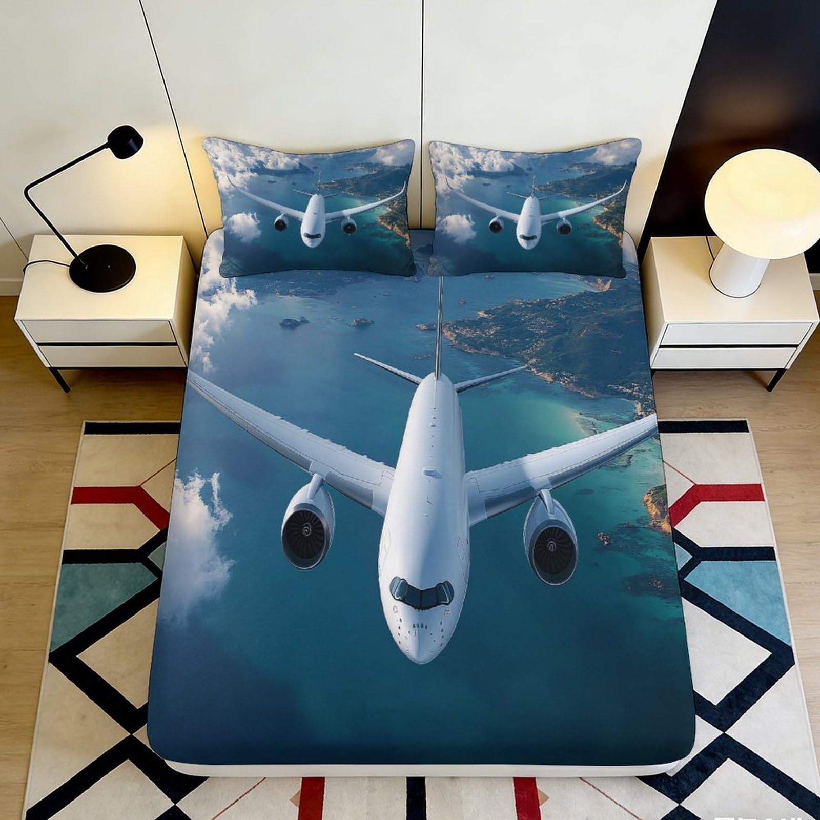 3D Printed Airplane Sky Fitted Sheet Microfiber Soft Breathable Ocean View Mattress Cover for Bedroom Dorm Mattress Protection Decor 180x200x25cm