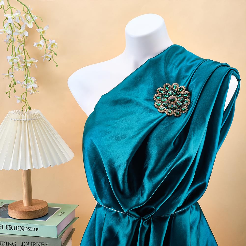 FINGERINSPIRE Runde Strassblumen Applikation 85mm Durchmesser Zum Aufnähen Grüne Tropfenförmige Strassapplikationen Mit Messingfuß Runde Blumenform Verzierung Für DIY Bastelarbeiten Kleider Taschen