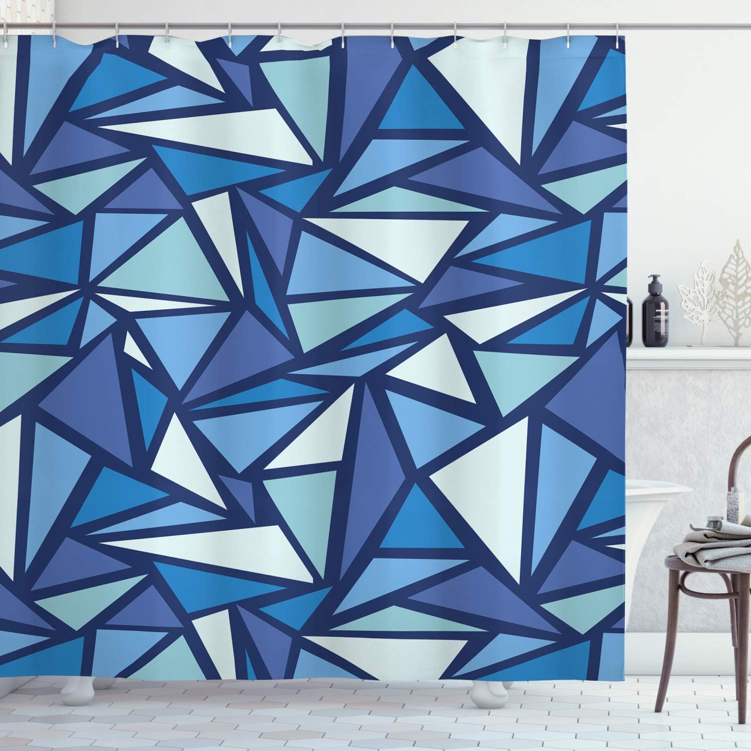 Ambesonne Geometric Shower Curtain, Abstract Ice Crystal Pattern Frost Cold Triangle Monochromatic Art, Cloth Fabric Bathroom Decor Set with Hooks, 69" W x 70" L, Night Blue