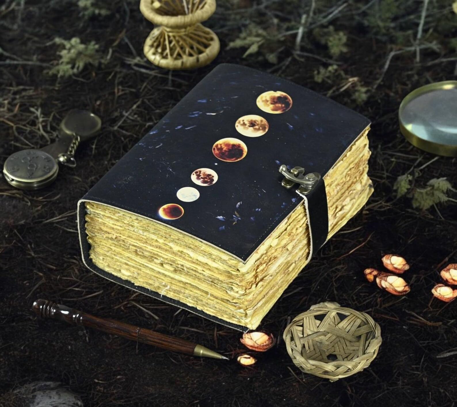 Mateshwari Handicraft Vintage Moon Phases Journal, Handcrafted Leather Book with Celestial Design, Black and Gold Unique UV Print Writing Diary