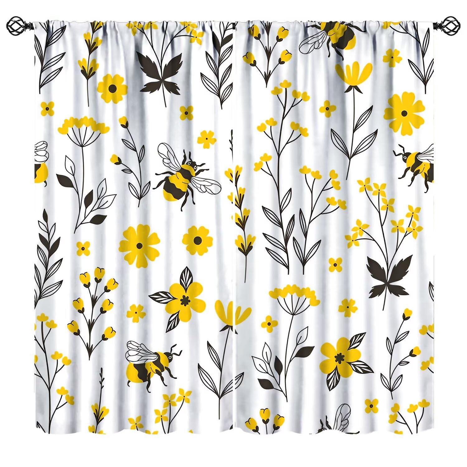 JanJCurt Yellow Flowers Bees Curtains, Rustic Farmhouse Modern Nature Plants Black Yellow Floral Bees Print Window Drapes for Livingroom Bedroom