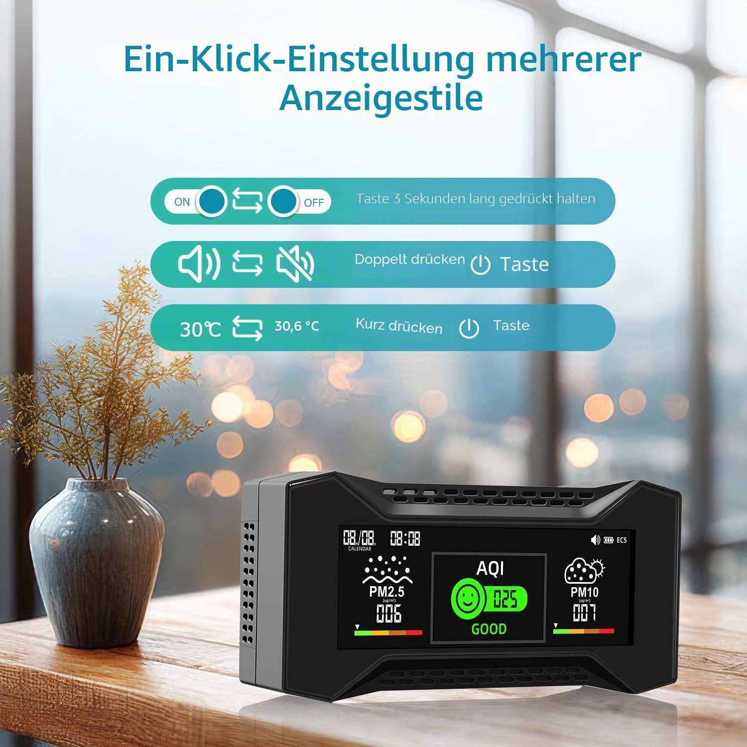CF-20 DL Luftqualität Messgerät mit Datenbericht, CO2 messgerät Messung von CO2,TVOC, HCHO, PM2.5, PM10, AQI, Temperaturm, Luftfeuchtigkeit, Symbolbasierte visuelle Anzeige für Zuhause, Schule