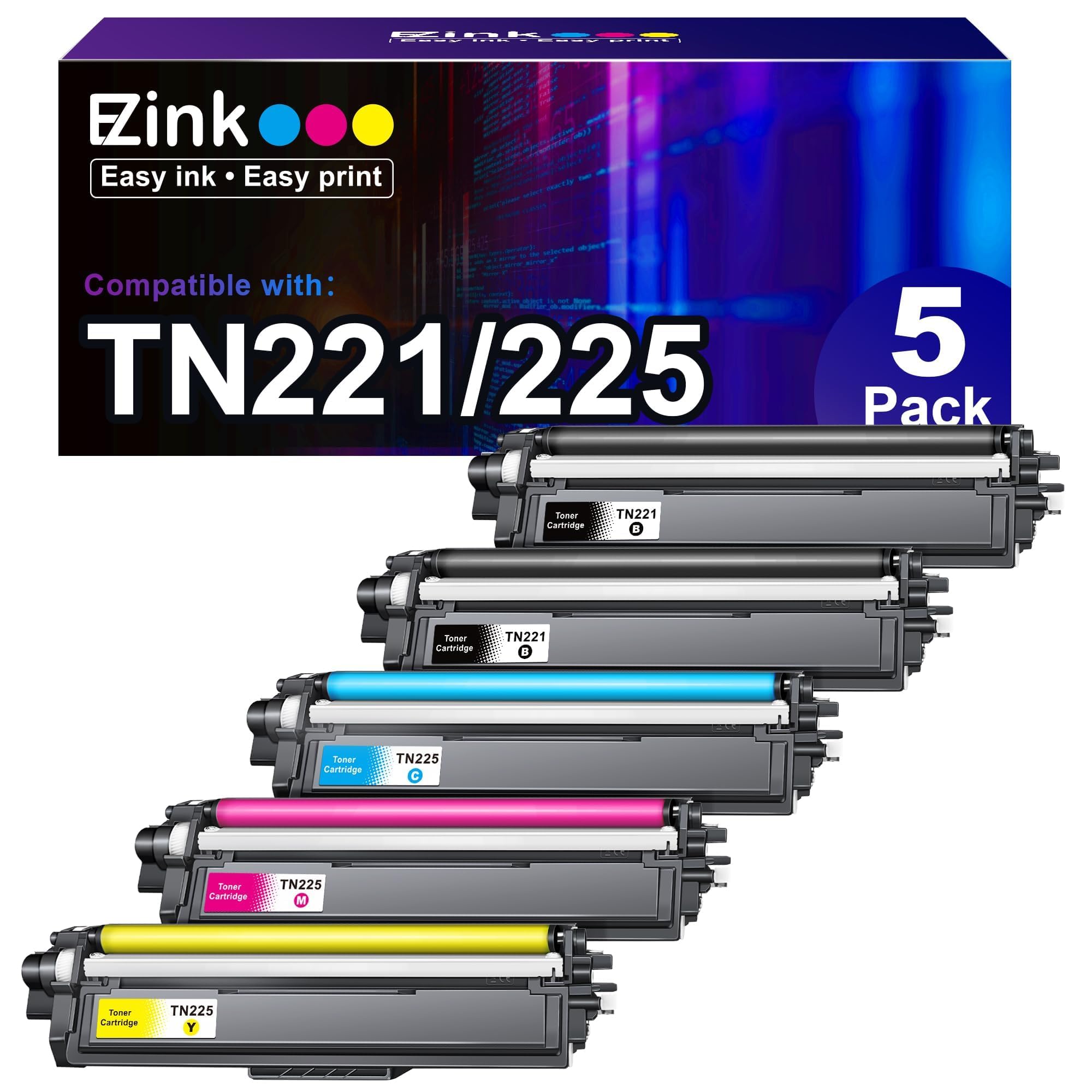 E-Z Ink Compatible Toner Cartridge Replacement for Brother TN-221 TN-225 Toner Cartridges for MFC-9130CW HL-3170CDW HL-3140CW MFC-9340CDW MFC-9330CDW (2 Black 1 Cyan 1 Magenta 1 Yellow, 5 Pa