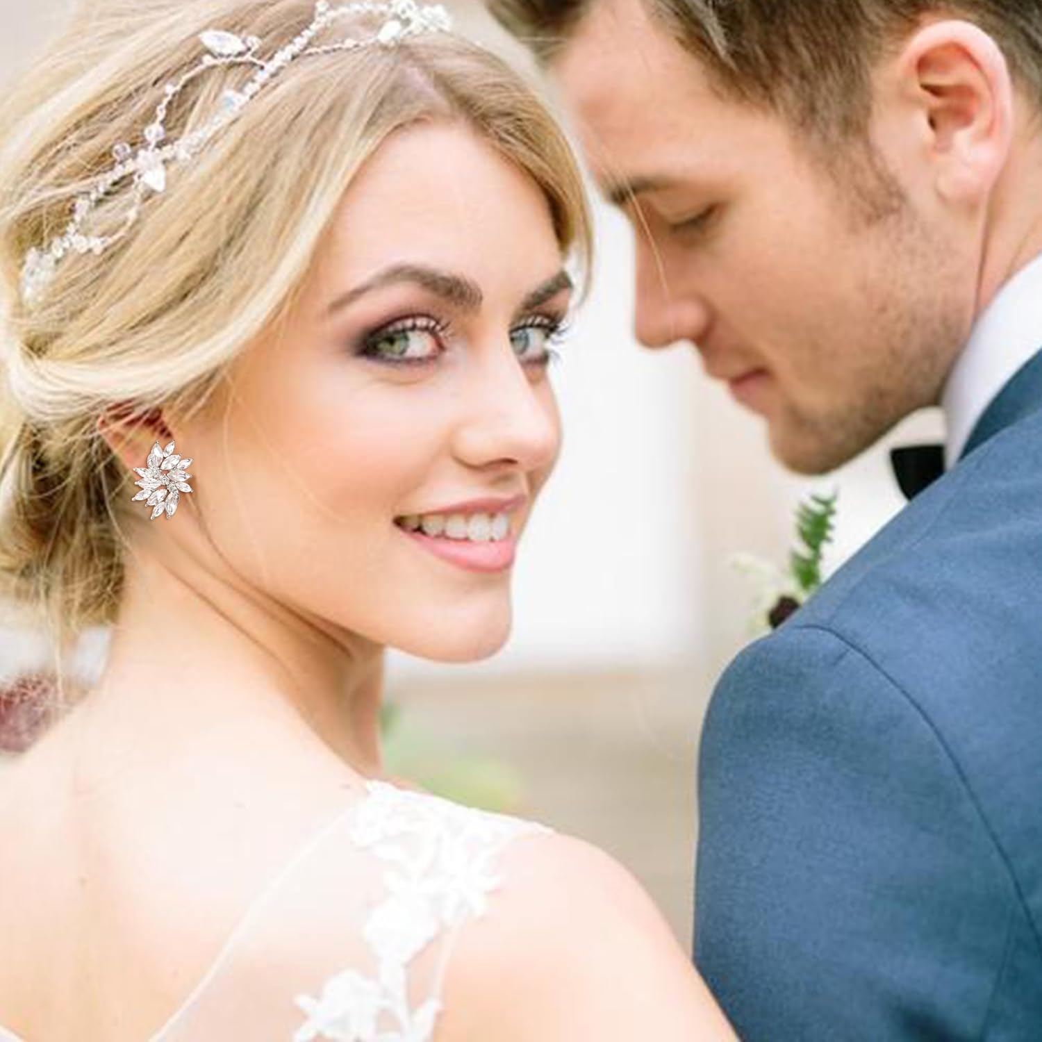 Flyonce Glitter Rhinestone Stud Earrings for Women, Glitter Marquise Crystal Wedding Party Vintage Statement Pierced Studs Earring for Brides Bridal Cocktail Prom Jewelry Gold-Tone - Image 3