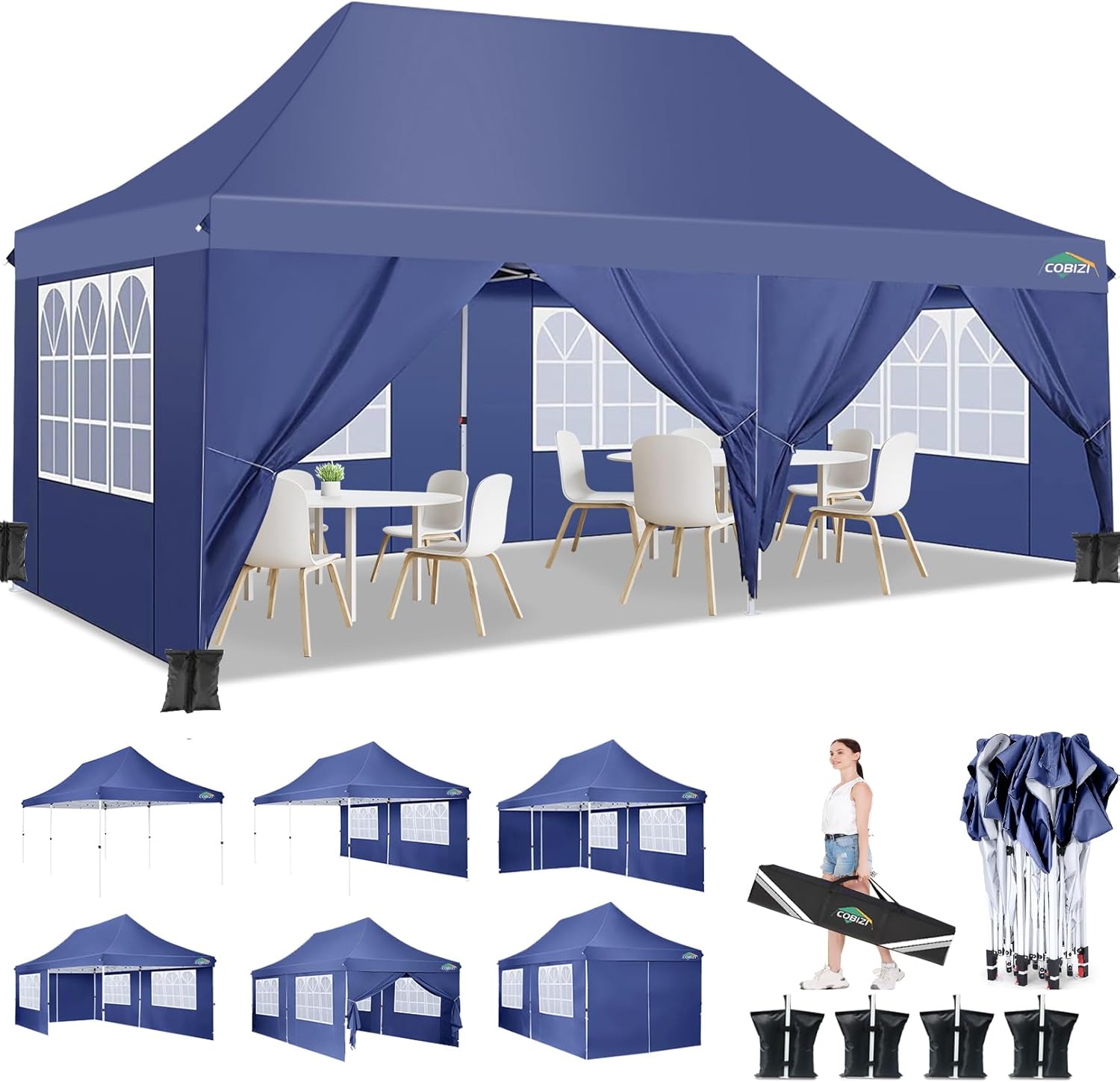 COBIZI 10x20ft Pop Up Canopy Tent with 6 Removable Sidewalls, Easy Up Commercial Canopy, Waterproof and UV50+ Gazebo with Portable Bag, Adjustable Leg Heights,Party Tents for Parties, with 4 Sandbags