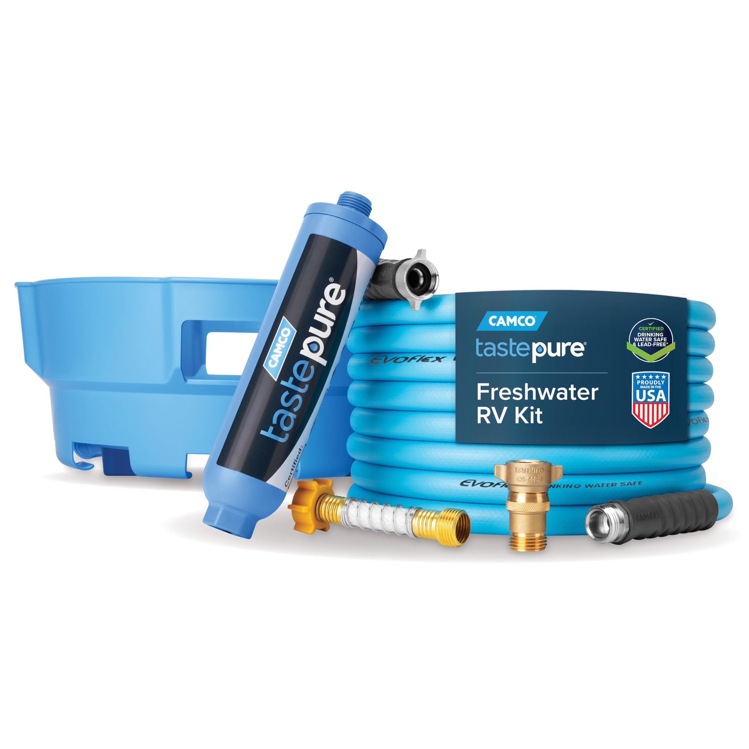 Camco Tastepure RV Freshwater Kit - Includes Tastepure RV Water Filter, Flexible Hose Protector, EvoFlex 25' Drinking Water Hose, Brass RV Water Pressure Regulator & Carrying Basket (20160)-image-22