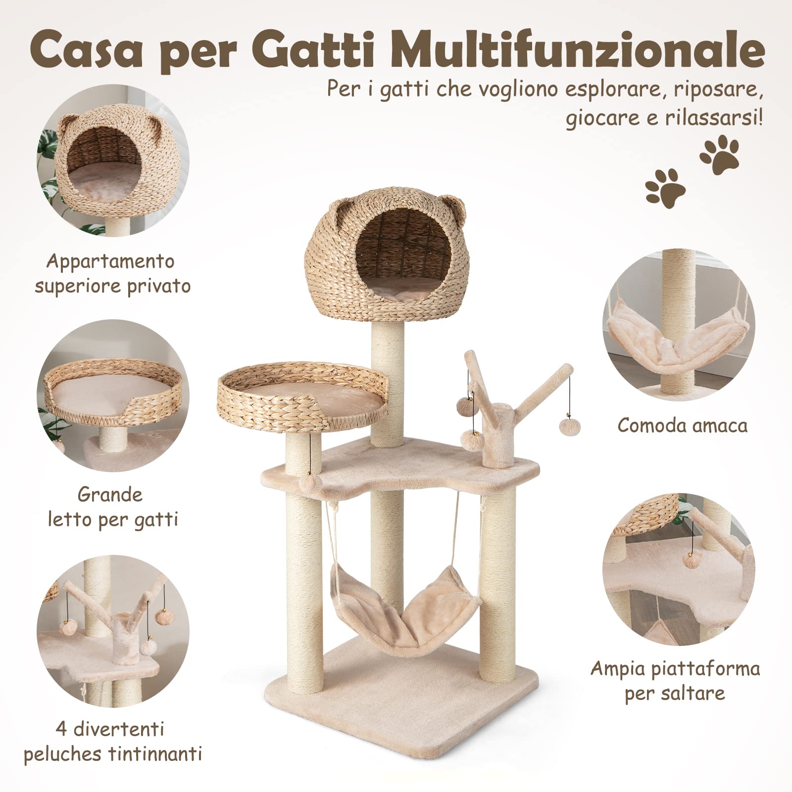 COSTWAY Tiragraffi per Gatti Adulti, Albero Tiragraffi con Cuccia, Piattaforma, Cuscini e Tiragraffi, Torre per Animali Domestici in Legno, 49,5 x 49,5 x 121 cm