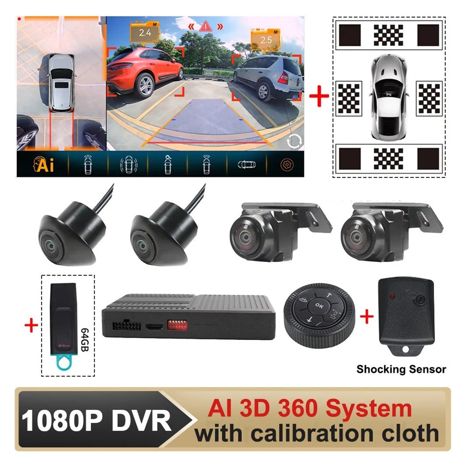 Auto 3D Ai 360 Surround View Kamerasystem 1080P Mit Kalibrierungstuch / 64G USB Schocksensor Autokamera