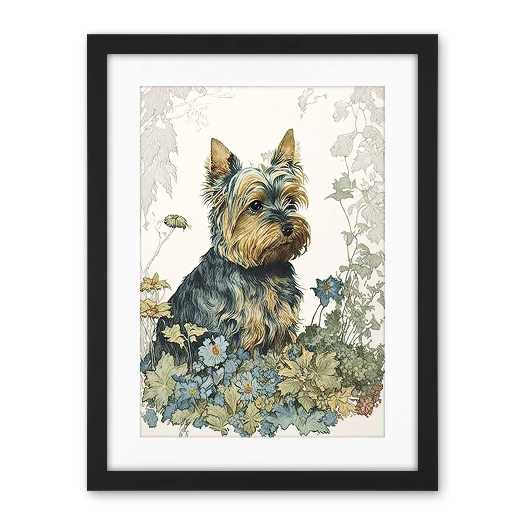 Artery8 Yorkshire Terrier Dog in Wildflowers Watercolour Illustration Artwork Framed Wall Art Print 18X24 Inch