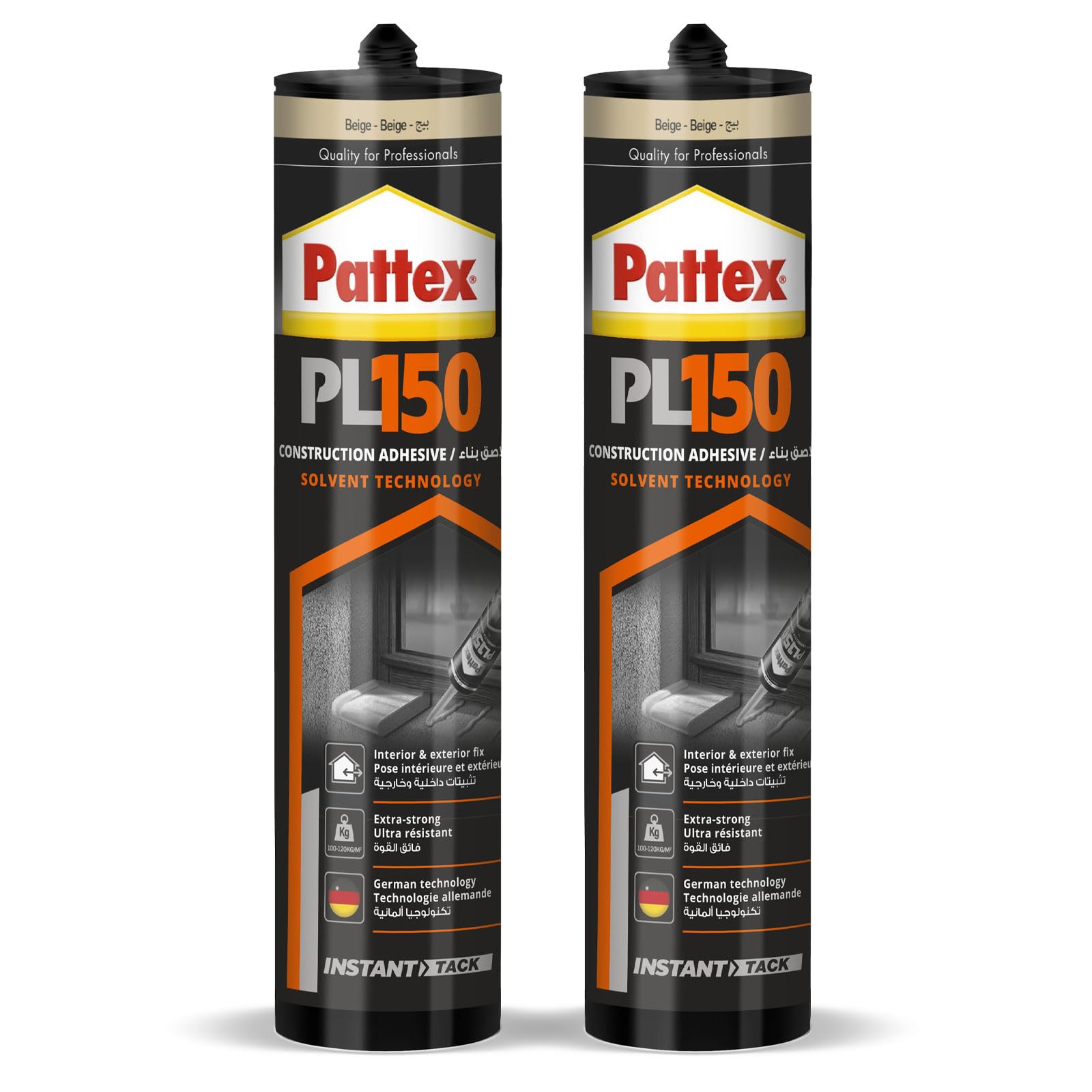 Pattex PL150 Structural Adhesive (White) | High Initial Tack | Water & Temprature Resistant | Solvent Based & Paint-Compatible | For Indoor & Outdoor Use on Non Absorbent Materials | 380g (Pack of 2)