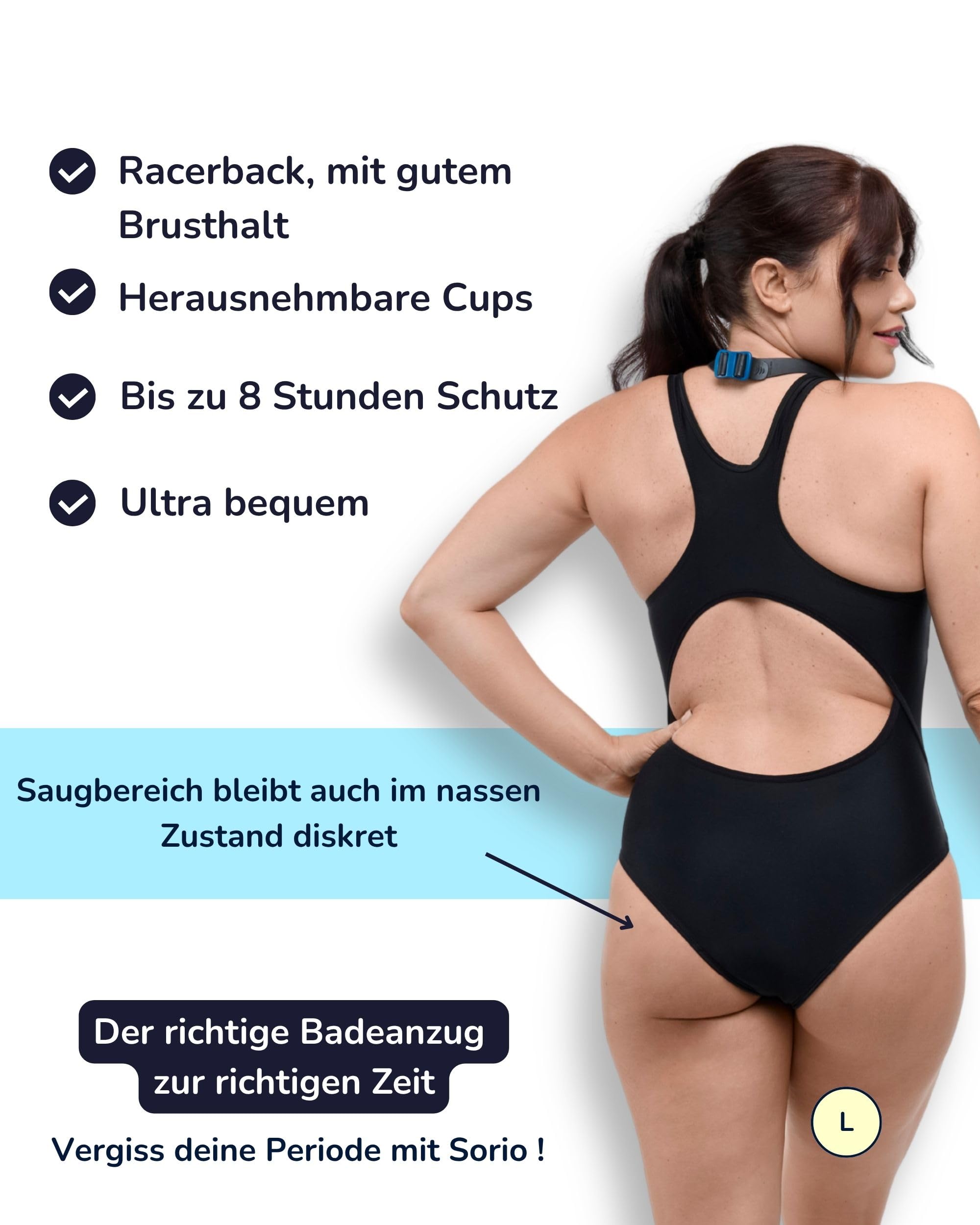 SORIO® Perioden Badeanzug Damen und Mädchen - Perioden Bademode zum Schwimmen Schwarz - Periodenunterwäsche Auslaufsichere und Wasserdichter - Für leichte und mittle Tage - Lola