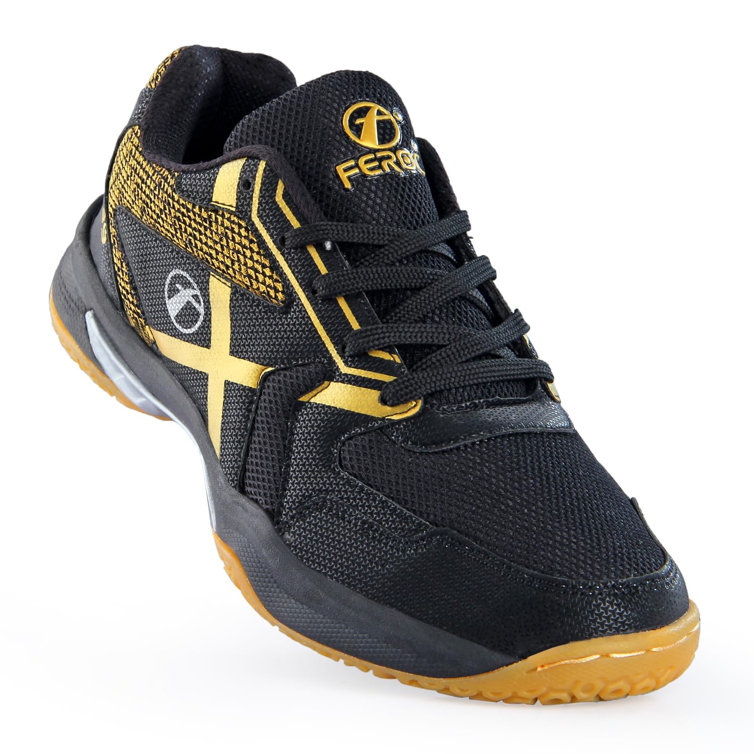 FEROC Kids Badminton Shoes, Lightweight, Durable Sole, Non-Marking, Grip Lightweight & Durable Sole for Boys Girl (Black Golden, UK Footwear Size System, Toddler, Men, Numeric, Medium, 3) 1