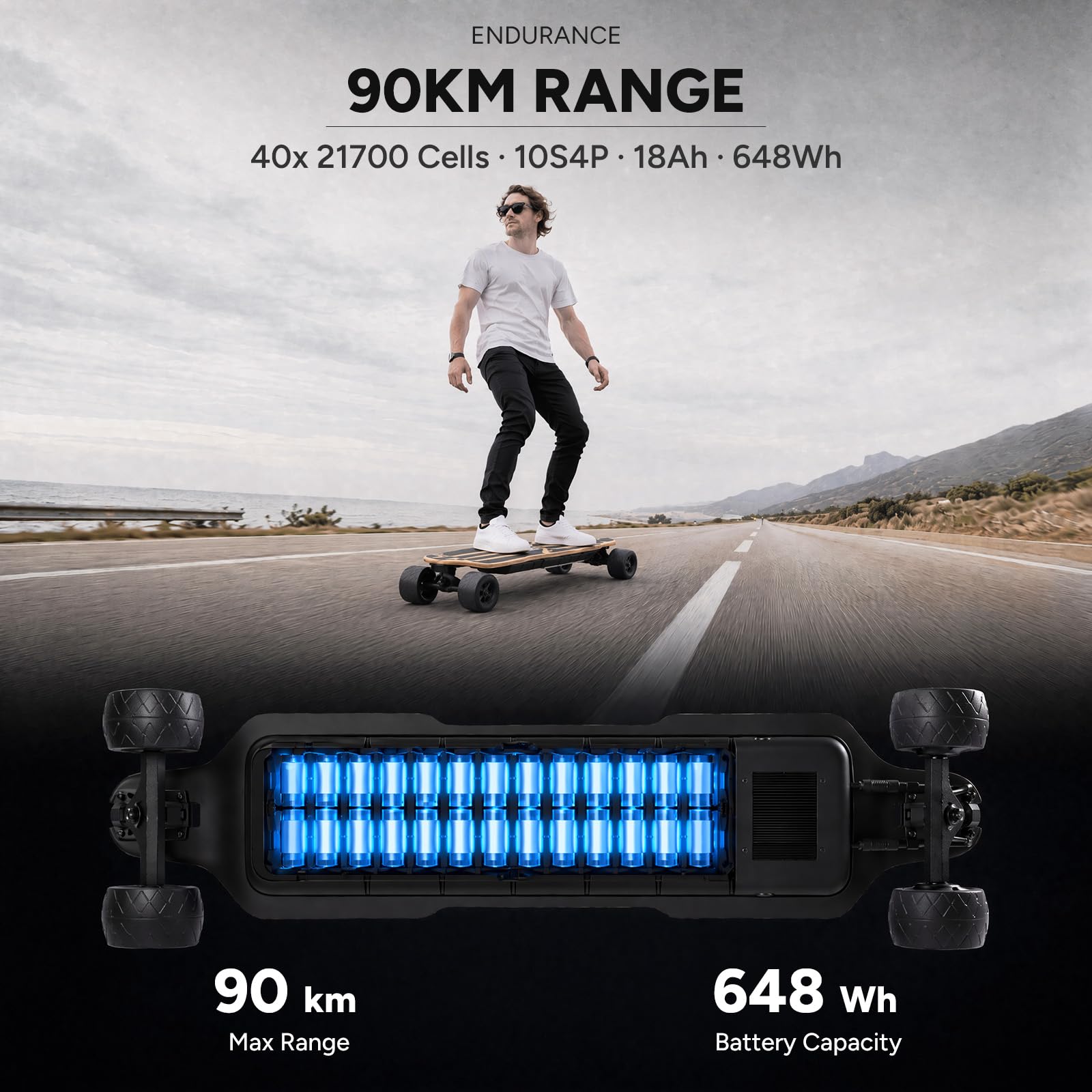 V2 Skateboard électrique, longboard double moteur 1200 W | Portée de 90 km, skateboard électrique tout-terrain puissant pour adultes et adolescents